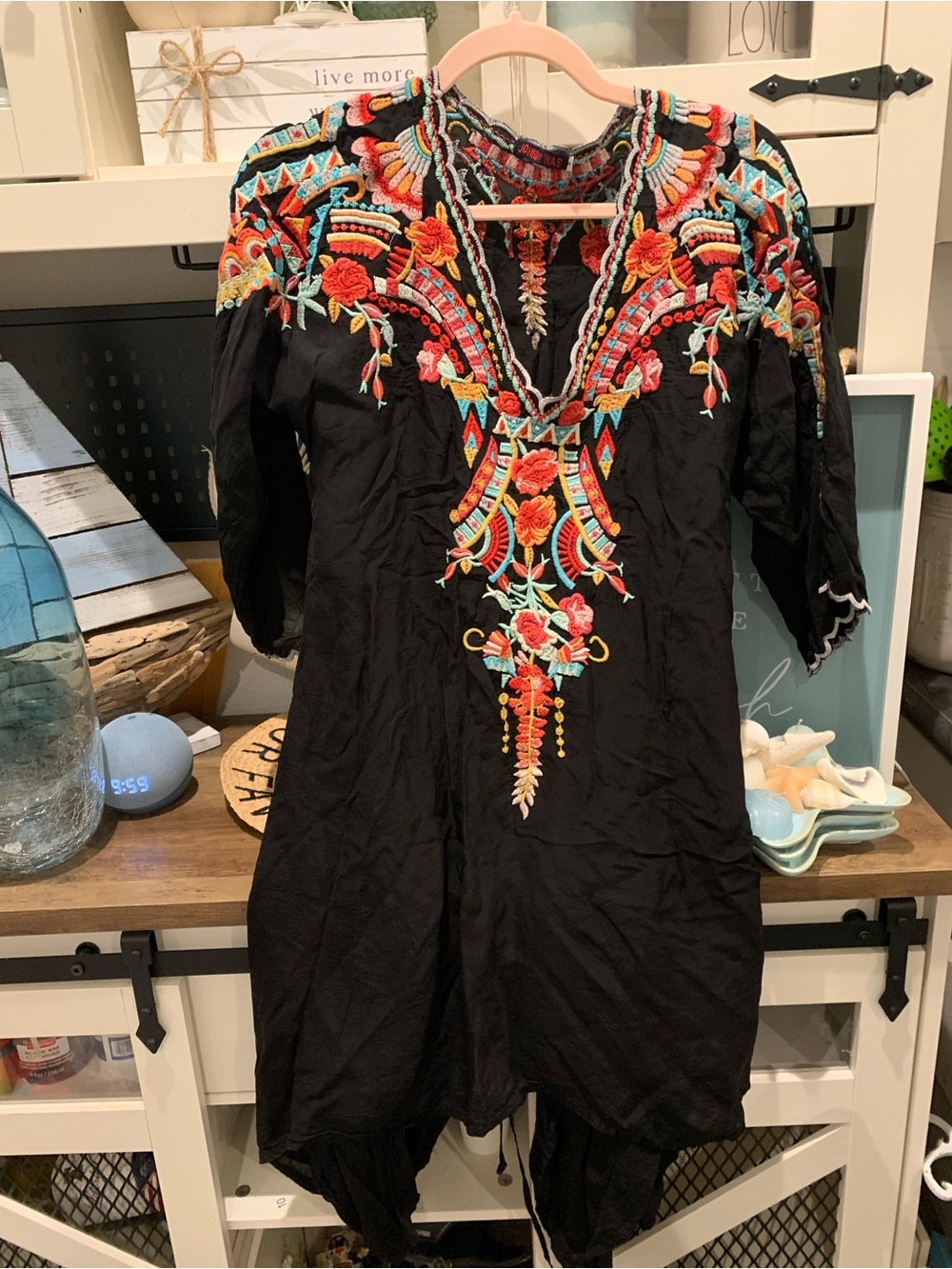 Johnny Was Embroidered Black Boho Tunic top with Multicolor Floral Accents